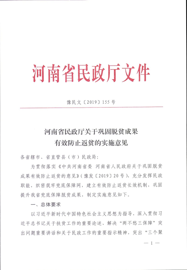 河南省民政廳關(guān)于鞏固脫貧成果有效防止返貧的實施意見_00001